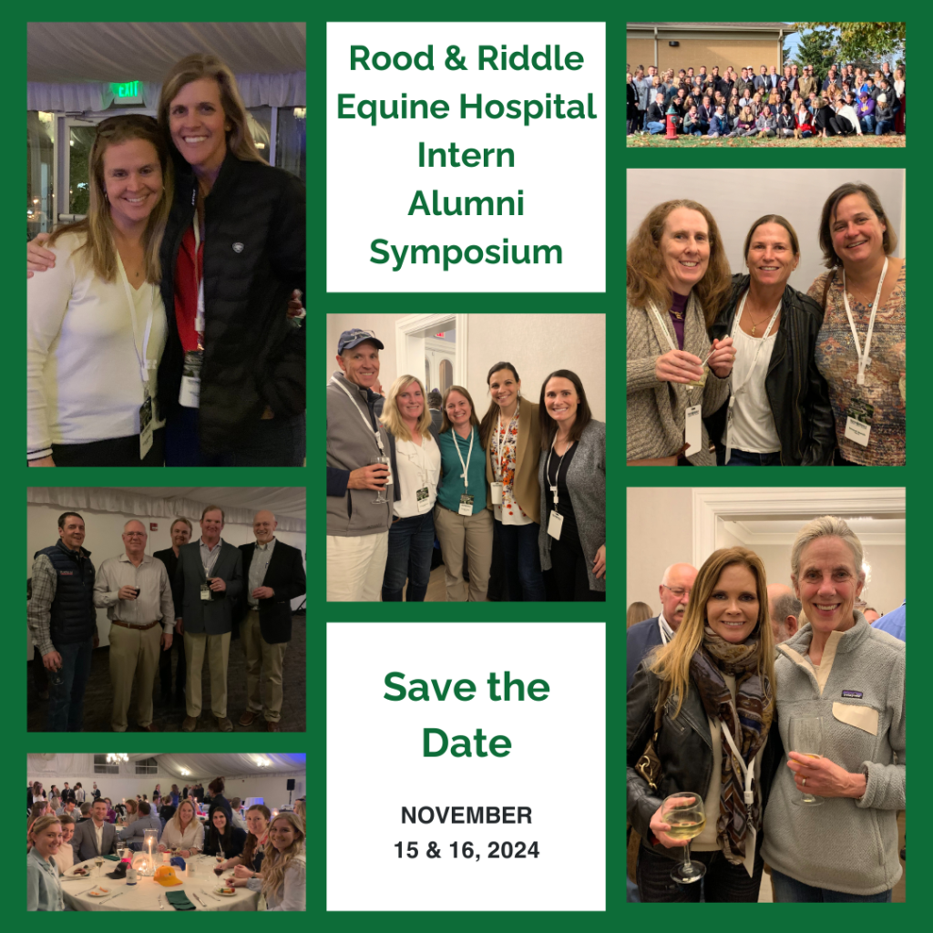 A collage of photos with the words " rood & riddle equine hospital intern alumni symposium ".